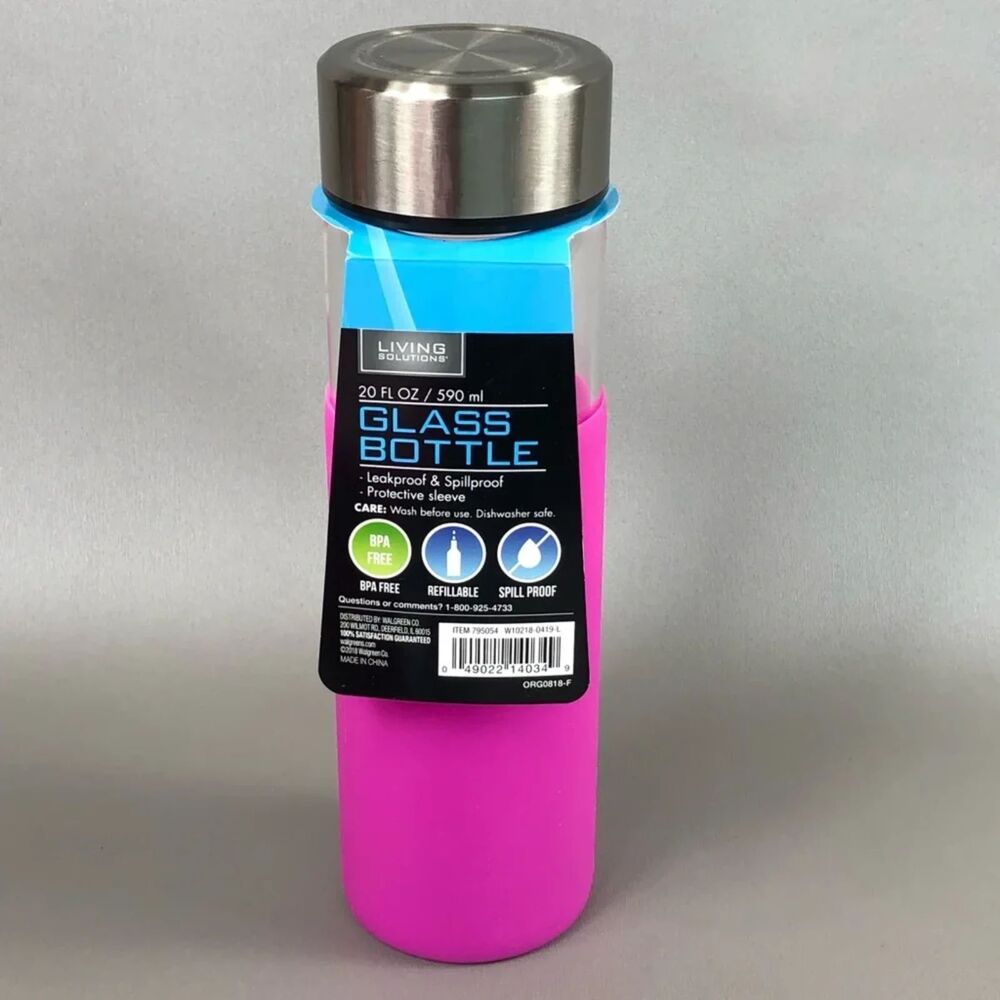 Living Solutions Pink BPA‑Free Glass Bottle • Silicone Sleeve • Leak‑Resistant